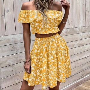 Floral Yellow Off-Shoulder Skirt Set